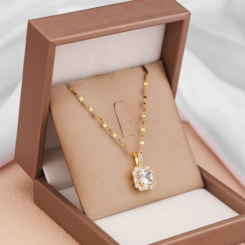 Women's titanium steel clavicle chain with geometric zircon and gem inlaid pendant in gold