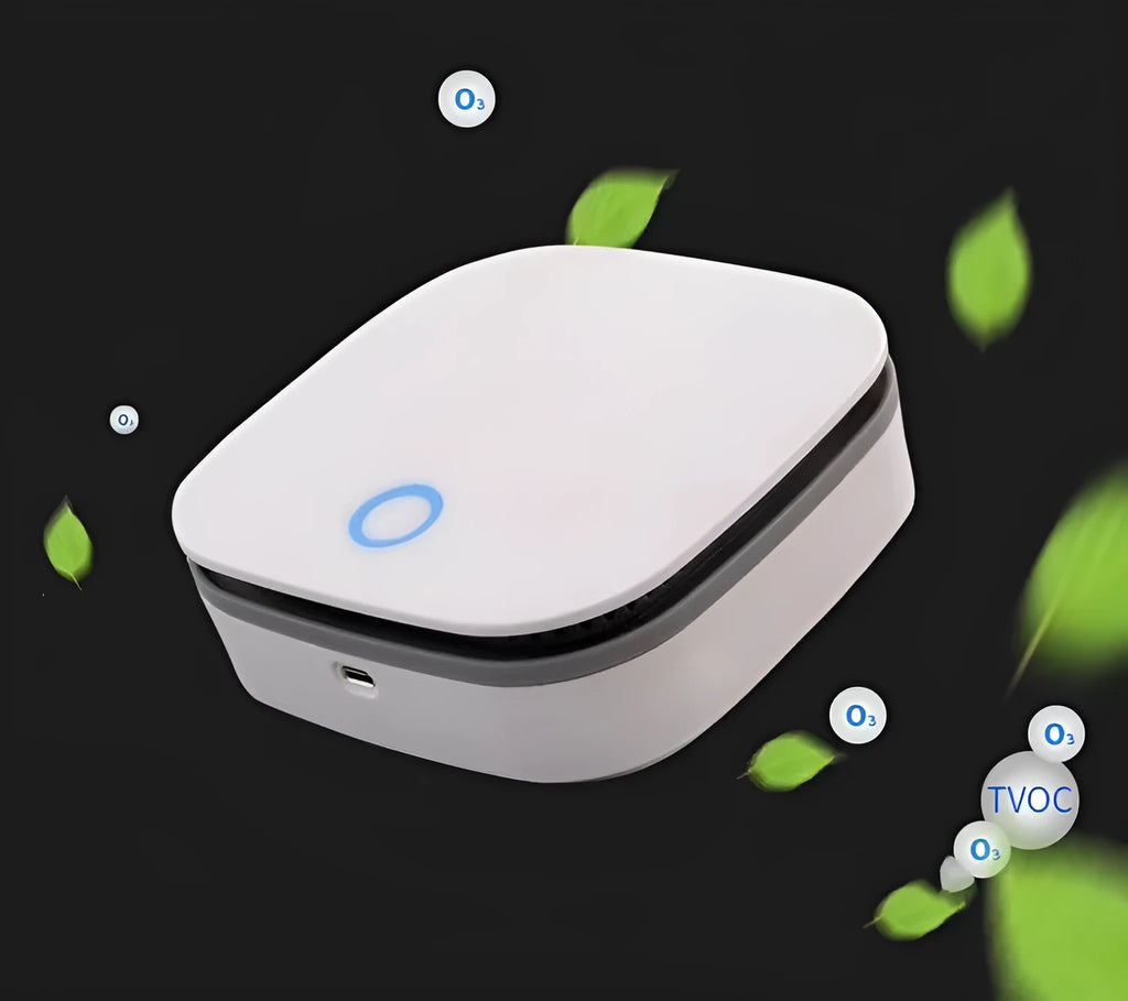 White USB-powered air purifier with button control for car and small room use.