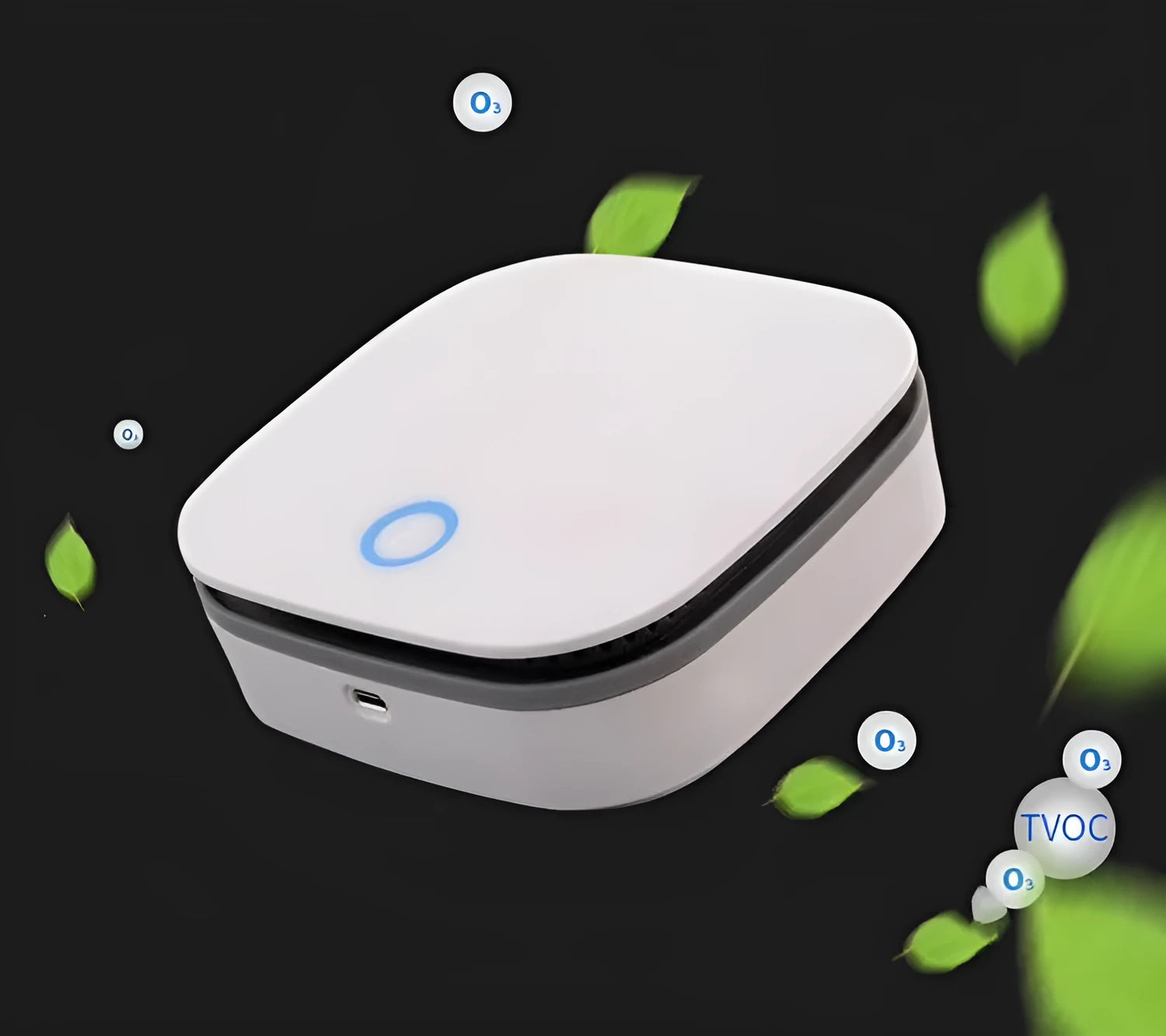 White USB-powered air purifier with button control for car and small room use.