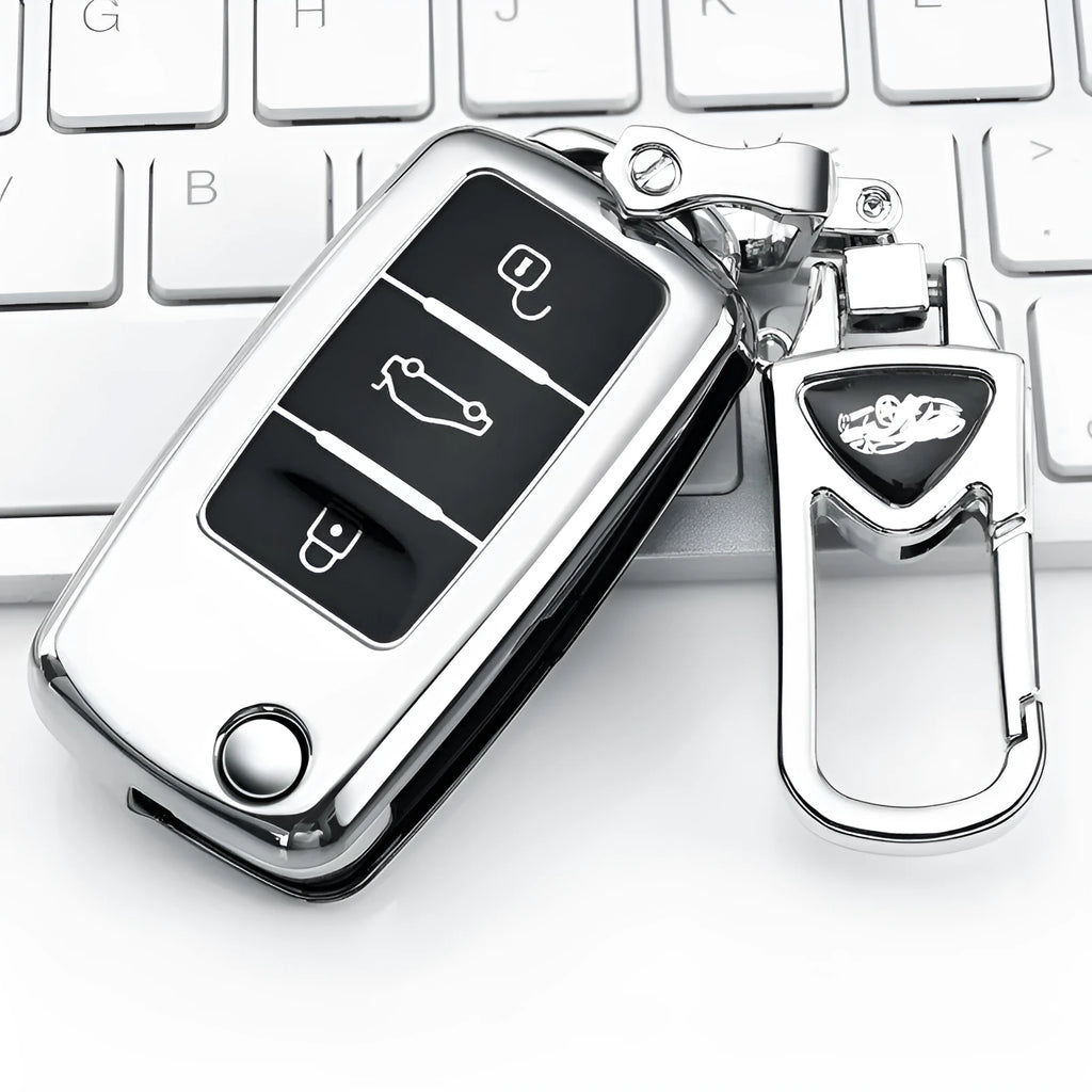 VW Model A car key TPU protective case in blue for 3-button folding remote.