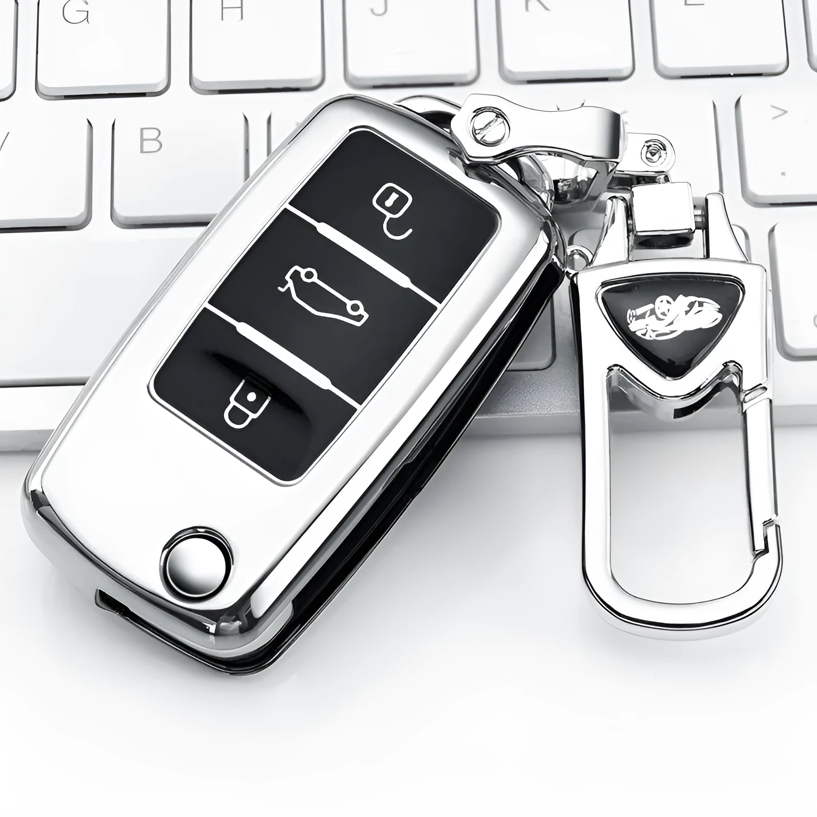 VW Model A car key TPU protective case in blue for 3-button folding remote.