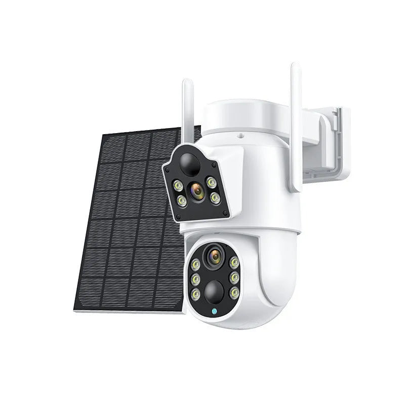White outdoor solar-powered wireless wifi security camera with attached solar panel on a wall.