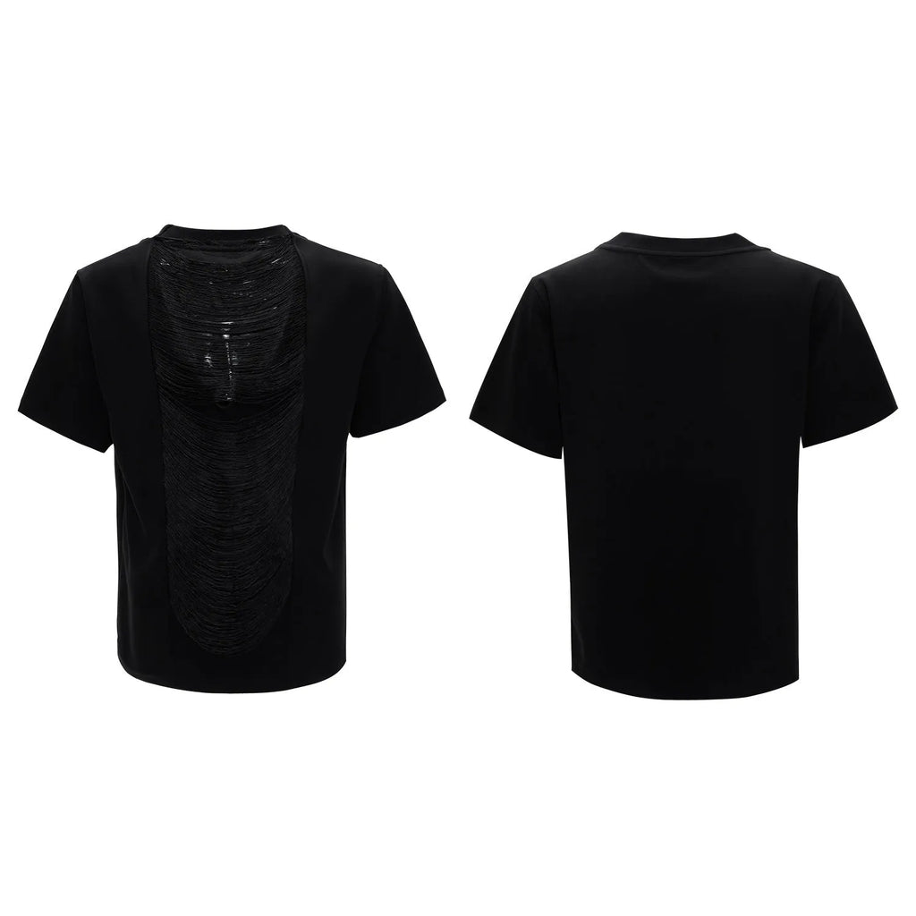 Men's black polyester T-shirt with hollow out V-neck and tassel details in loose fit style