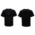Men's black polyester T-shirt with hollow out V-neck and tassel details in loose fit style