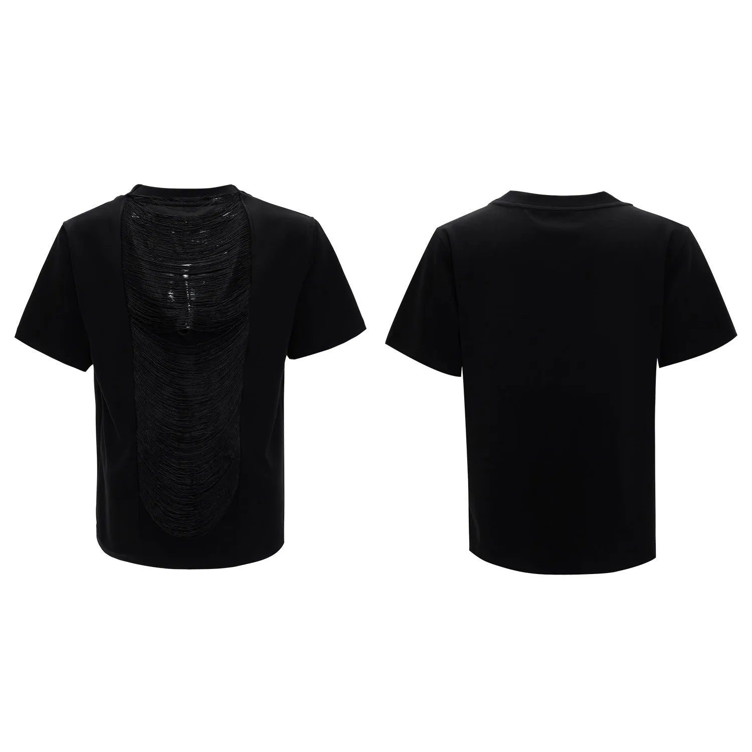 Men's black polyester T-shirt with hollow out V-neck and tassel details in loose fit style