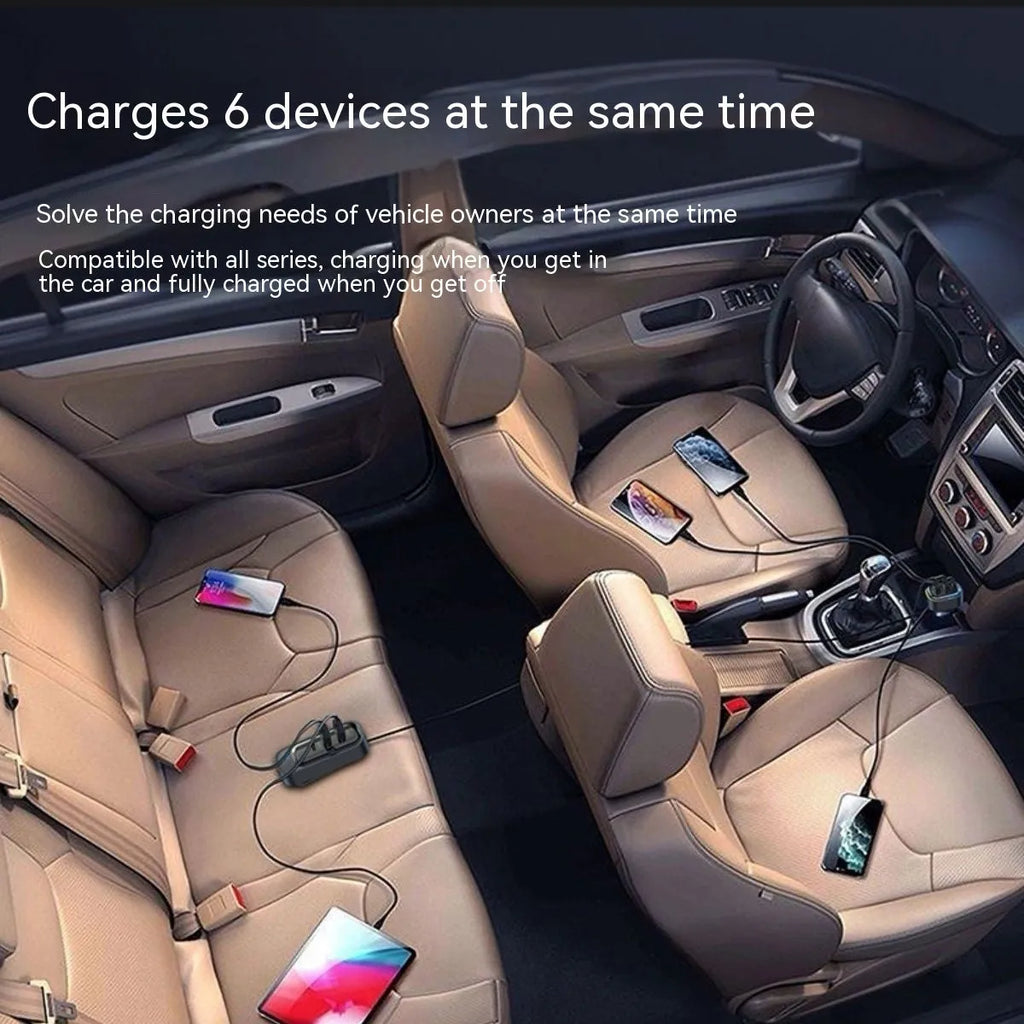 Retractable car charger with four USB ports, plugged into a vehicle cigarette lighter socket.