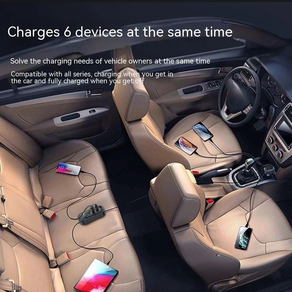 Retractable car charger with four USB ports, plugged into a vehicle cigarette lighter socket.