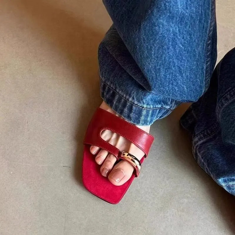 Leather square-head outdoor slippers with rubber sole in black, shown in sizes 35-42.