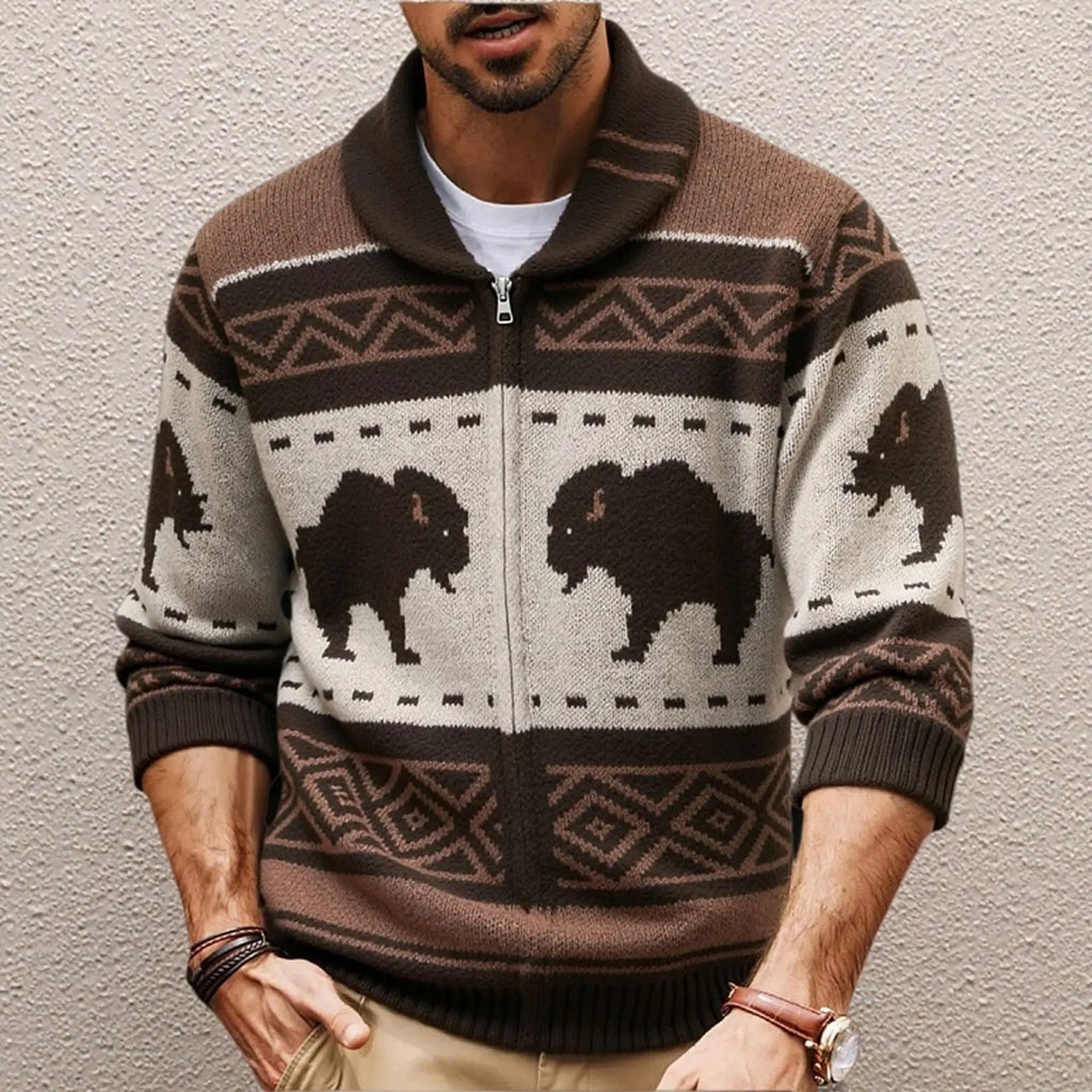 Men's brown retro jacquard knit thickened deer fleece cardigan with long sleeves
