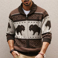 Men's brown retro jacquard knit thickened deer fleece cardigan with long sleeves