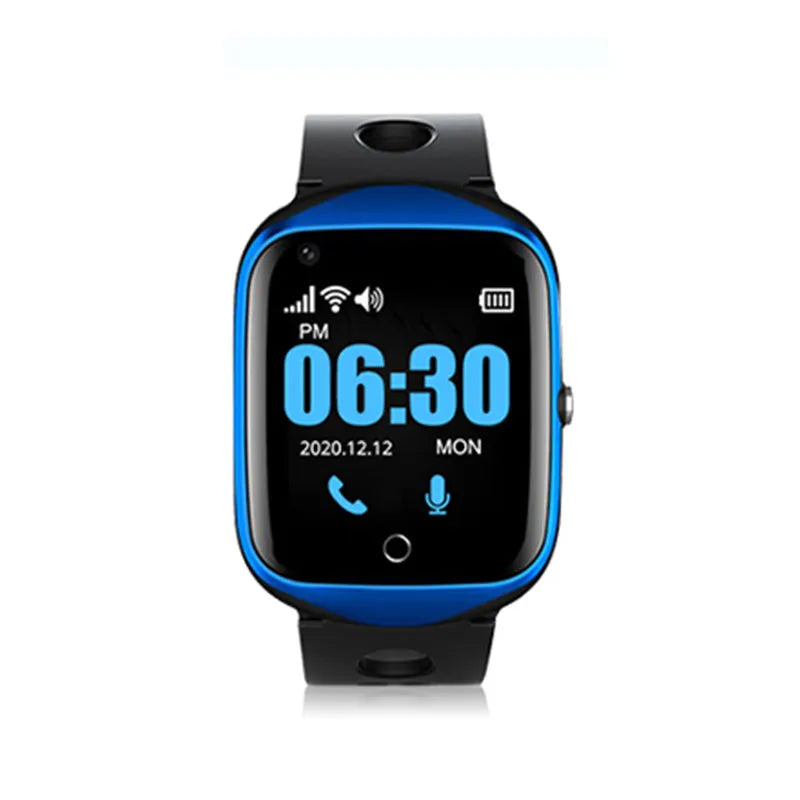 Square faced elderly safety watch with GPS tracking and SOS button in black, blue or silver colour options