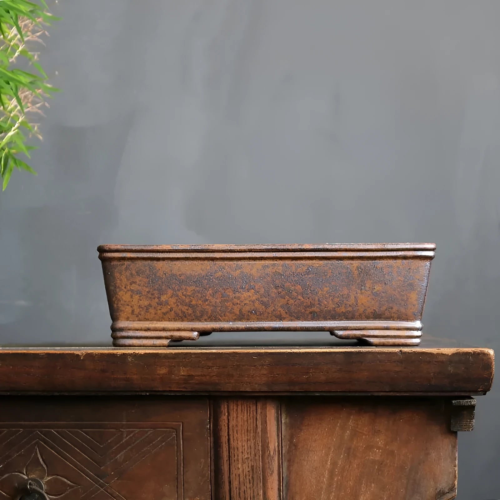 Purple sand rectangular bonsai pot with traditional five-line basin design for pine and cypress plants