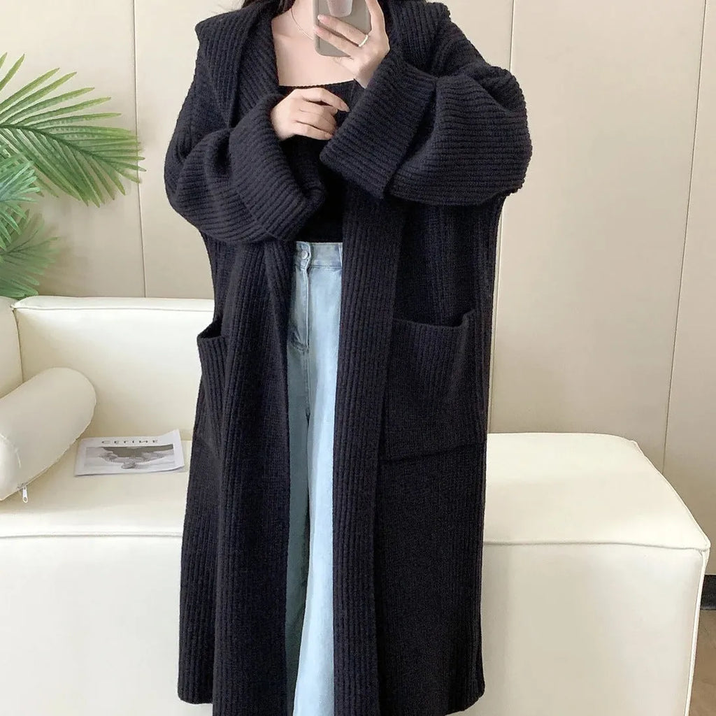 Women's loose acrylic hooded cardigan coat with raglan sleeves in milky white colour
