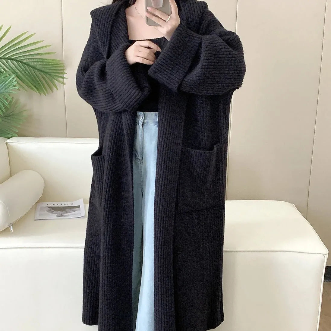 Women's loose acrylic hooded cardigan coat with raglan sleeves in milky white colour