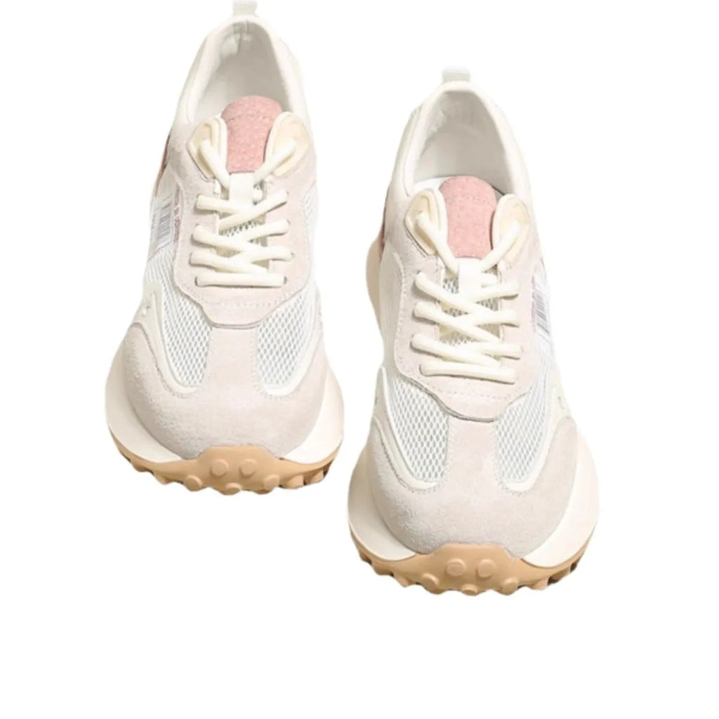 Women's grey and pink retro sneakers with low-top design and rubber sole