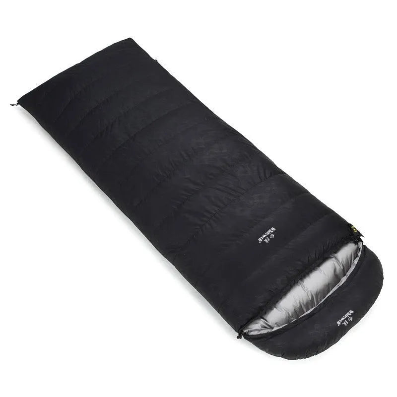 Black outdoor down sleeping bag with envelope structure and white goose down filling.