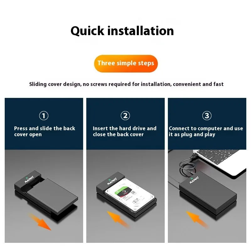 3.5 inch SATA to USB 3.0 hard disk enclosure in black and silver colour with power supply and data cable.