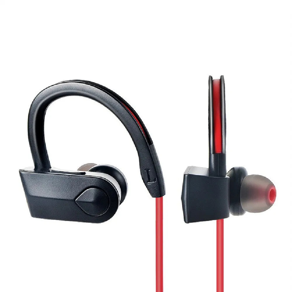 Wireless neckband Bluetooth earphones in black, blue and red colours showing neckband design