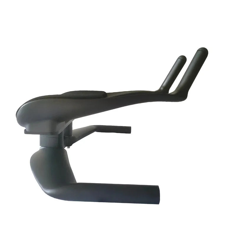 Black carbon fibre time trial bicycle handlebar with aerobar extensions, shown from the side.