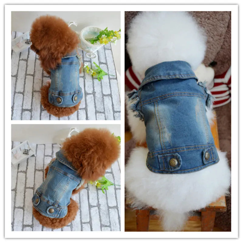 Retro scratch pattern denim dog vest for small breeds in dark and light wash options