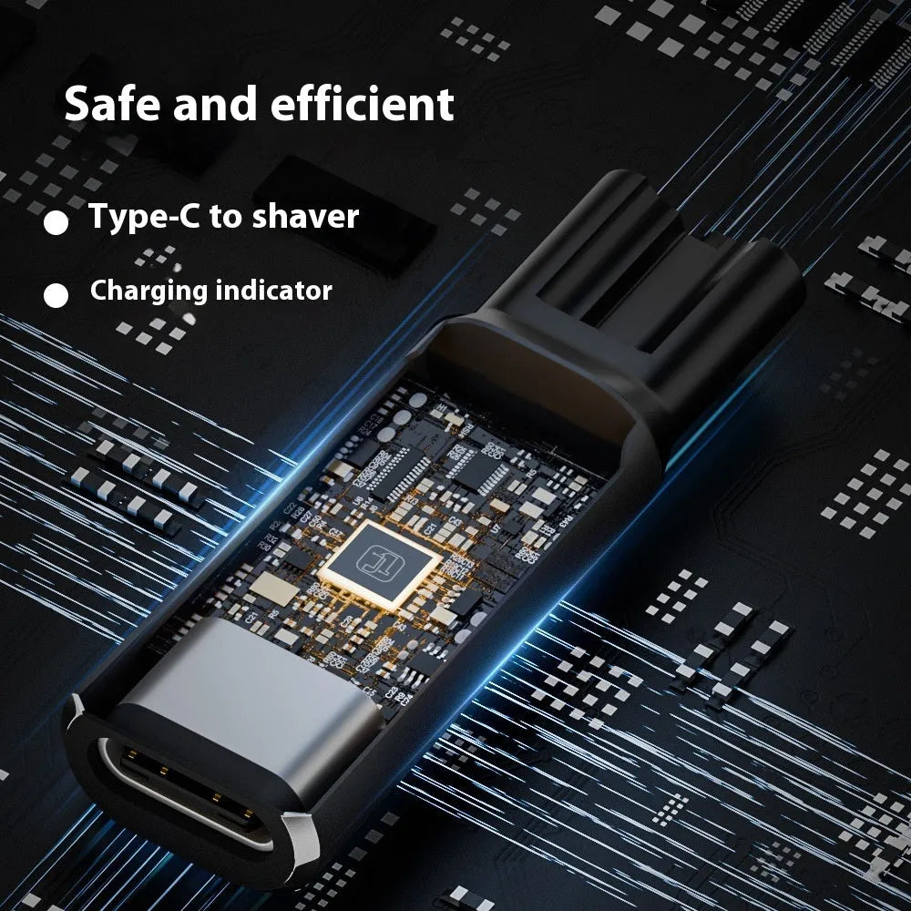 USB-C charging adapter for electric shavers and hair clippers in black or grey aluminium alloy housing