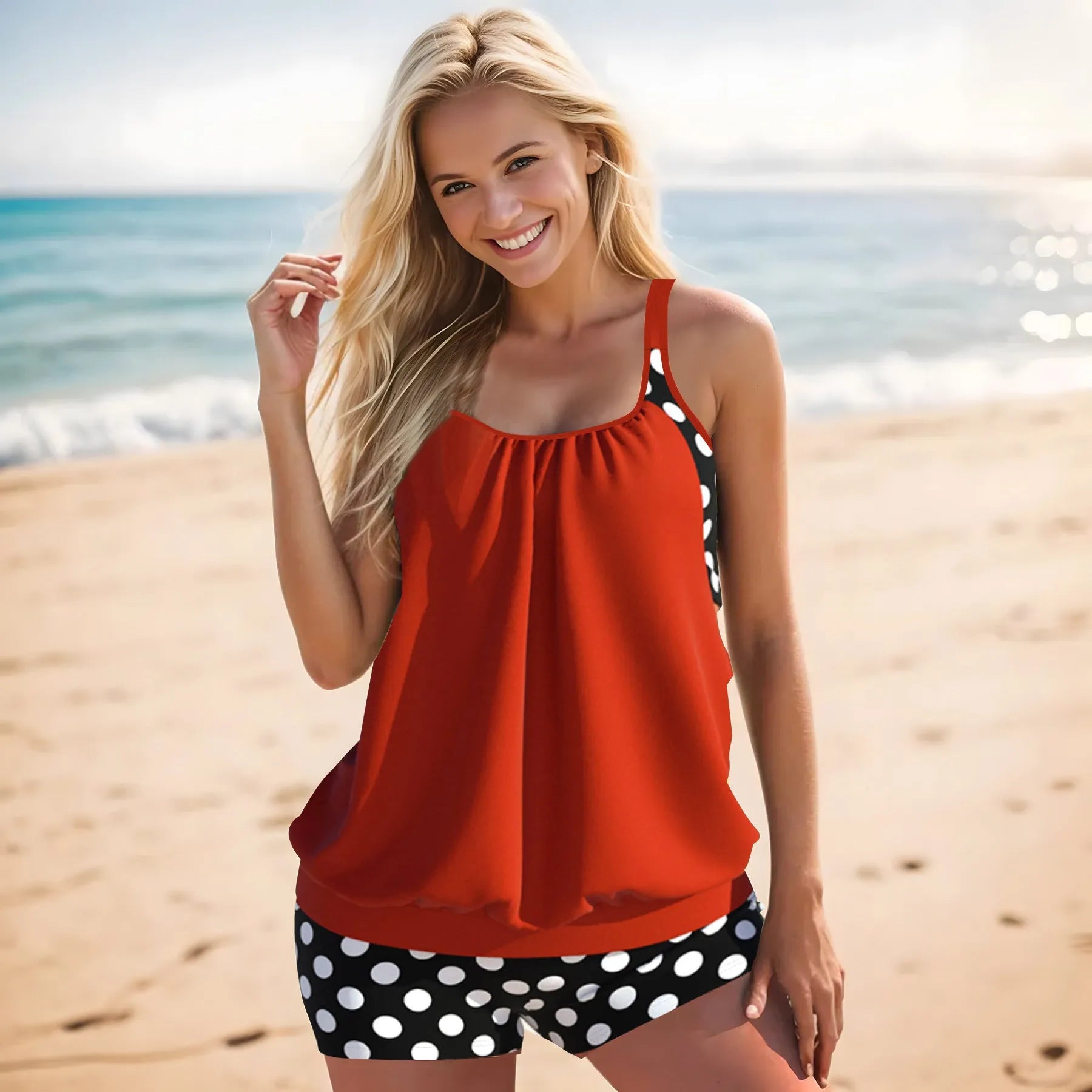 Women's polka dot print high-waist boxer swimsuit briefs in multiple colours.