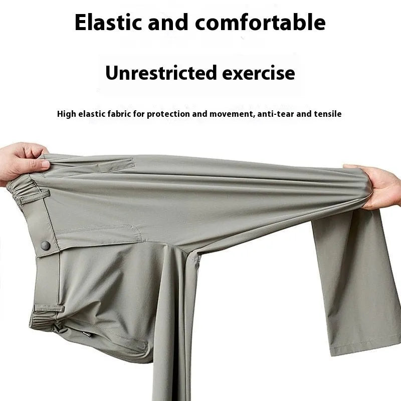 Men's loose-fit ice silk casual trousers in black, shown front and back.