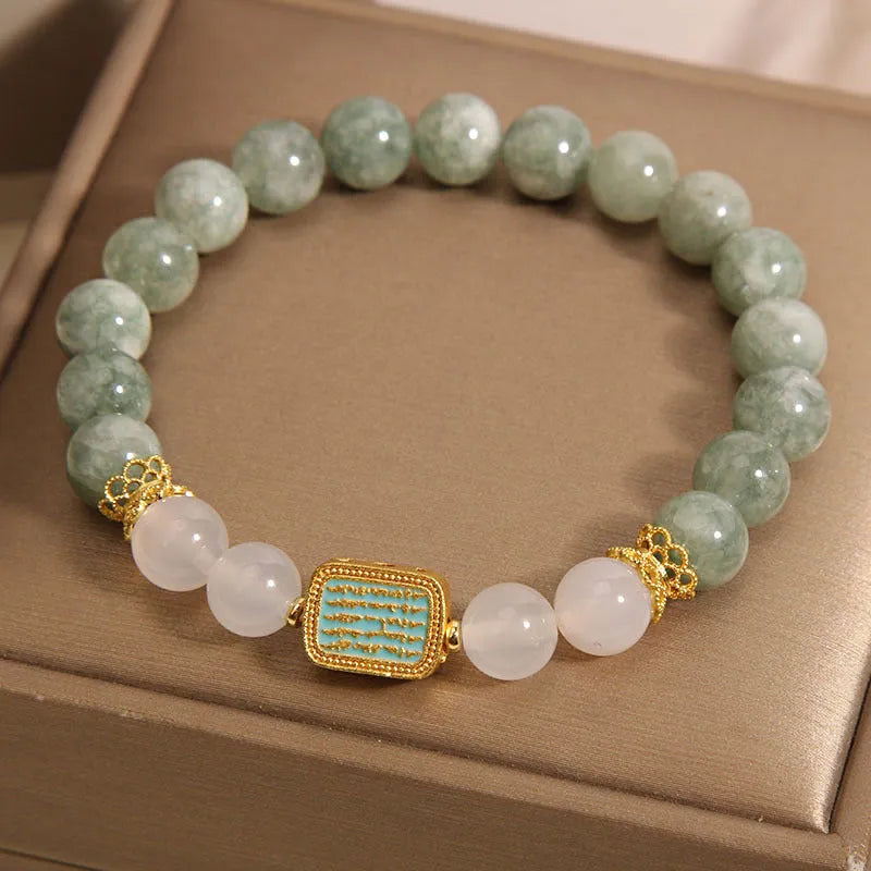 Oil green emerald crystal bracelet with five engraved scripture beads for women