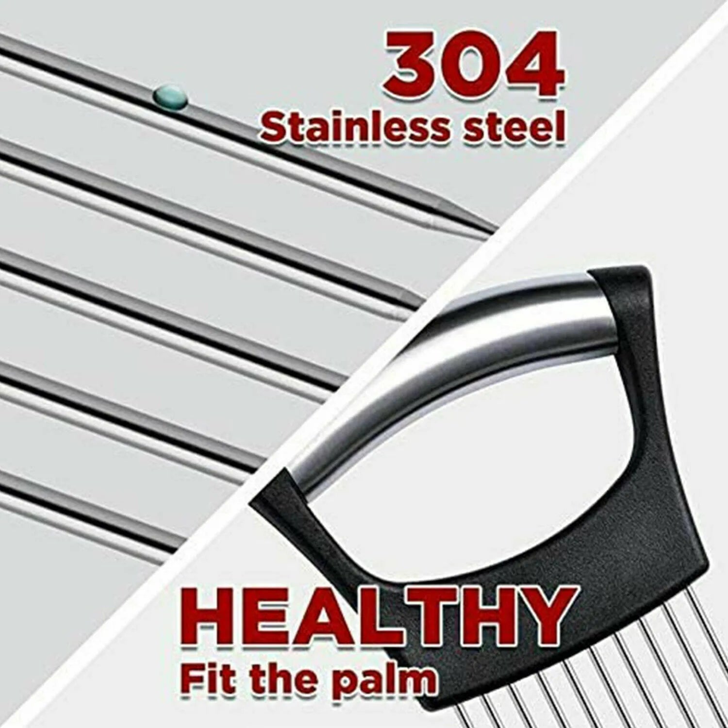 Stainless steel and ABS food slice assistant for onions and tomatoes on a kitchen worktop.