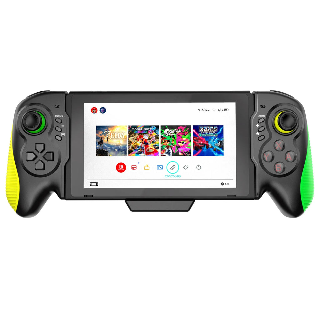 Yellow-green gaming controller for Nintendo Switch and PC with in-line handles