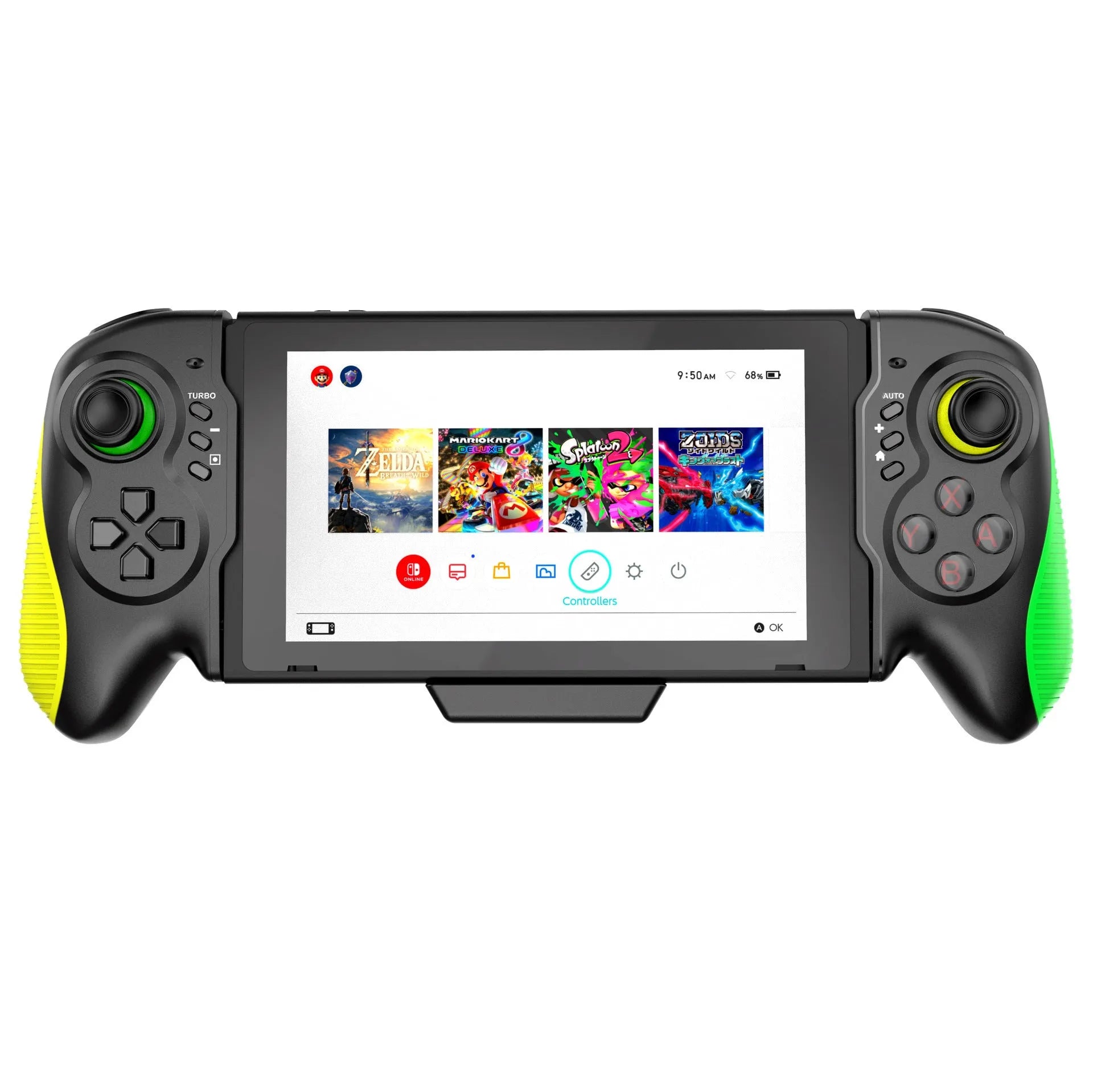 Yellow-green gaming controller for Nintendo Switch and PC with in-line handles