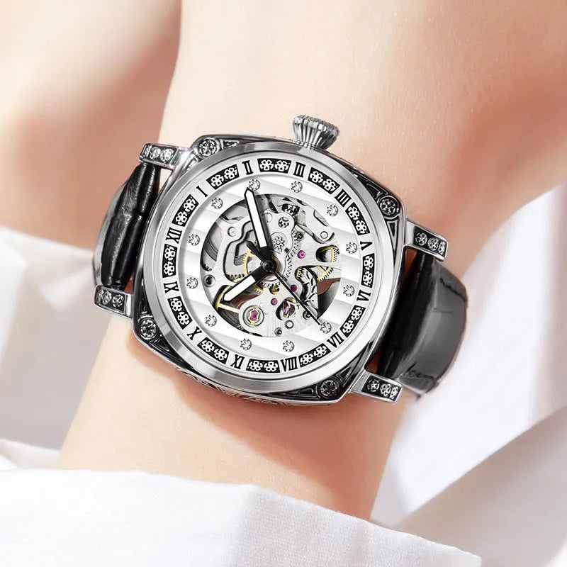 Mechanical luminous waterproof watch with leather strap in multiple colour options