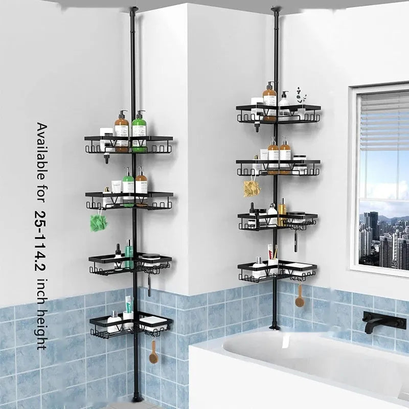 Hole-free retractable bathroom storage rack with four-layer stainless steel shelving