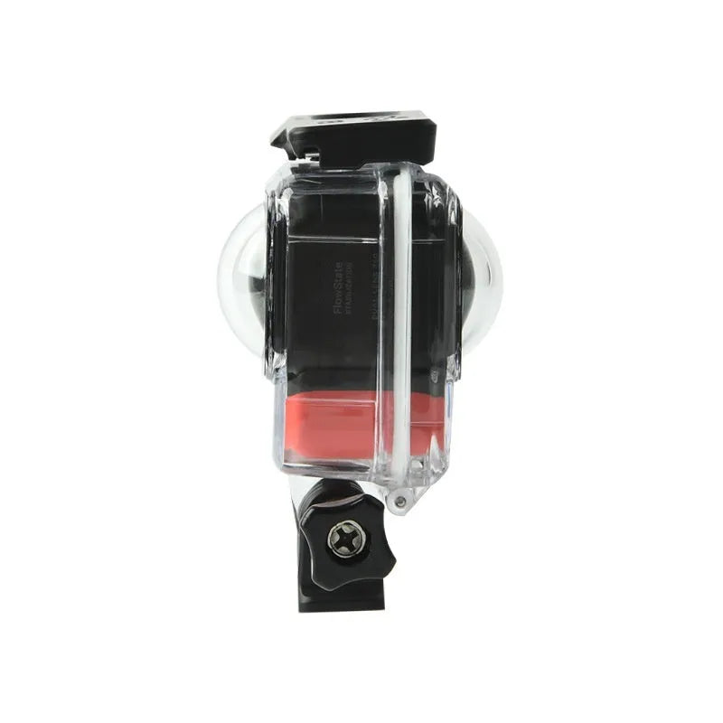 Transparent waterproof case for Insta360 One RS panoramic camera showing dimensions 9x8x4.5cm