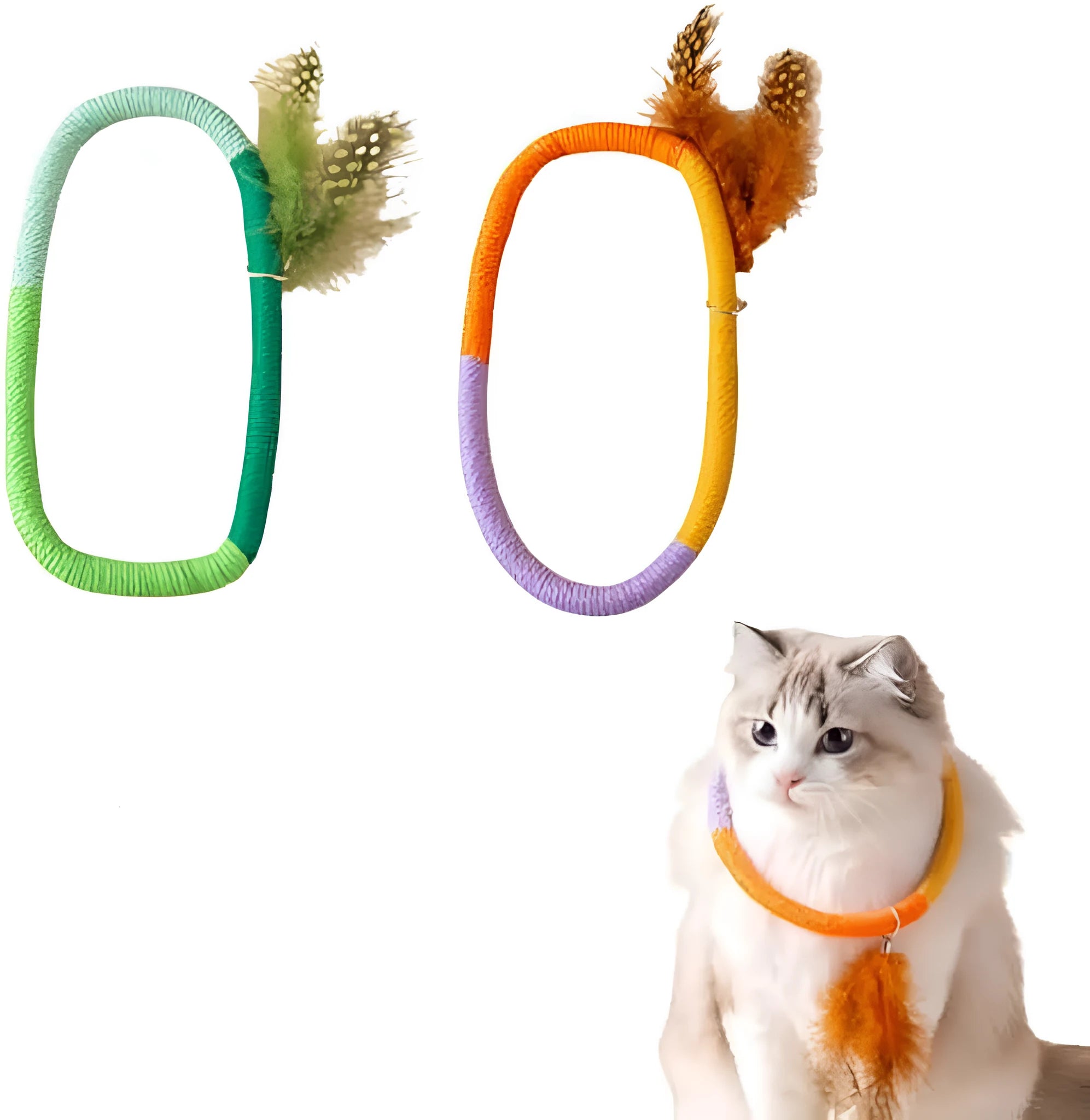 Green and purple cotton rope circular cat toys with feathers and catnip for indoor feline play