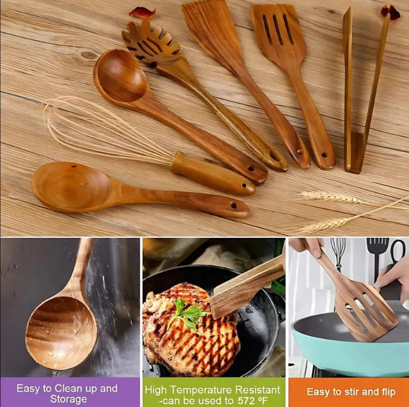 Seven wooden cooking utensils with spoon shovel designs for non-stick pan cooking