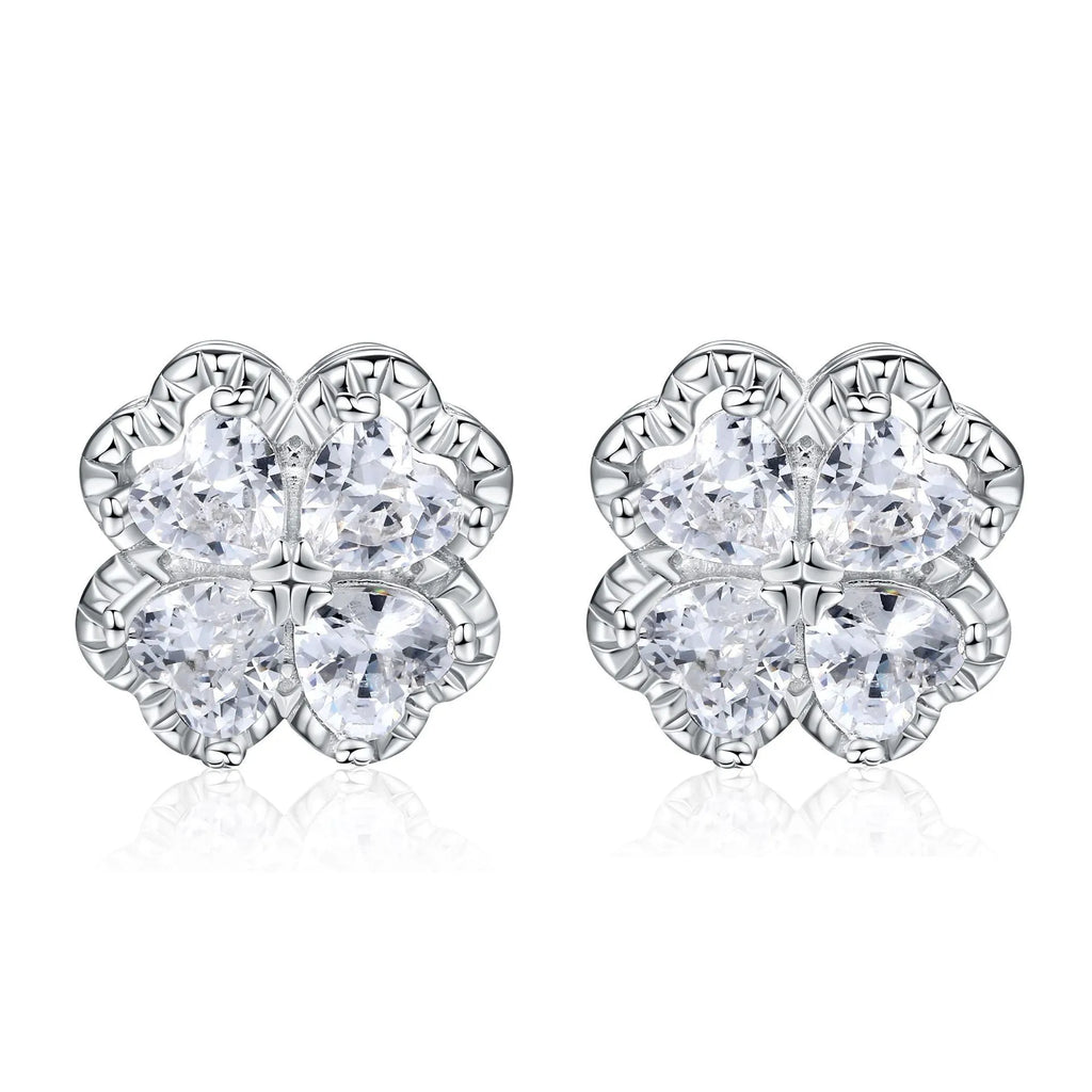 925 silver heart-shaped earrings with white gold colour finish and zircon stone inlay featuring four-leaf clover design