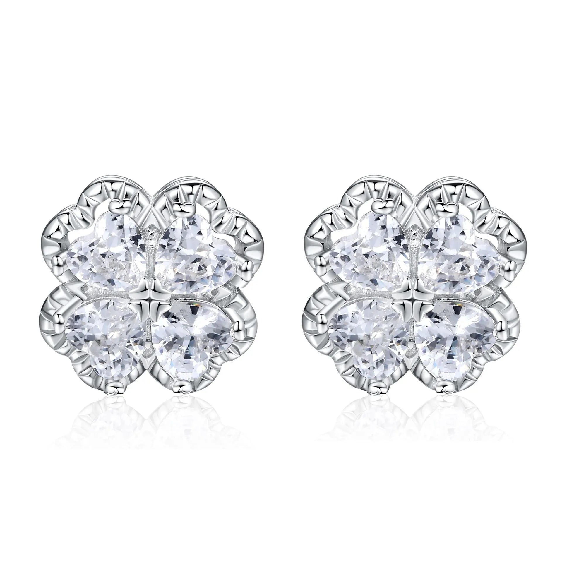 925 silver heart-shaped earrings with white gold colour finish and zircon stone inlay featuring four-leaf clover design
