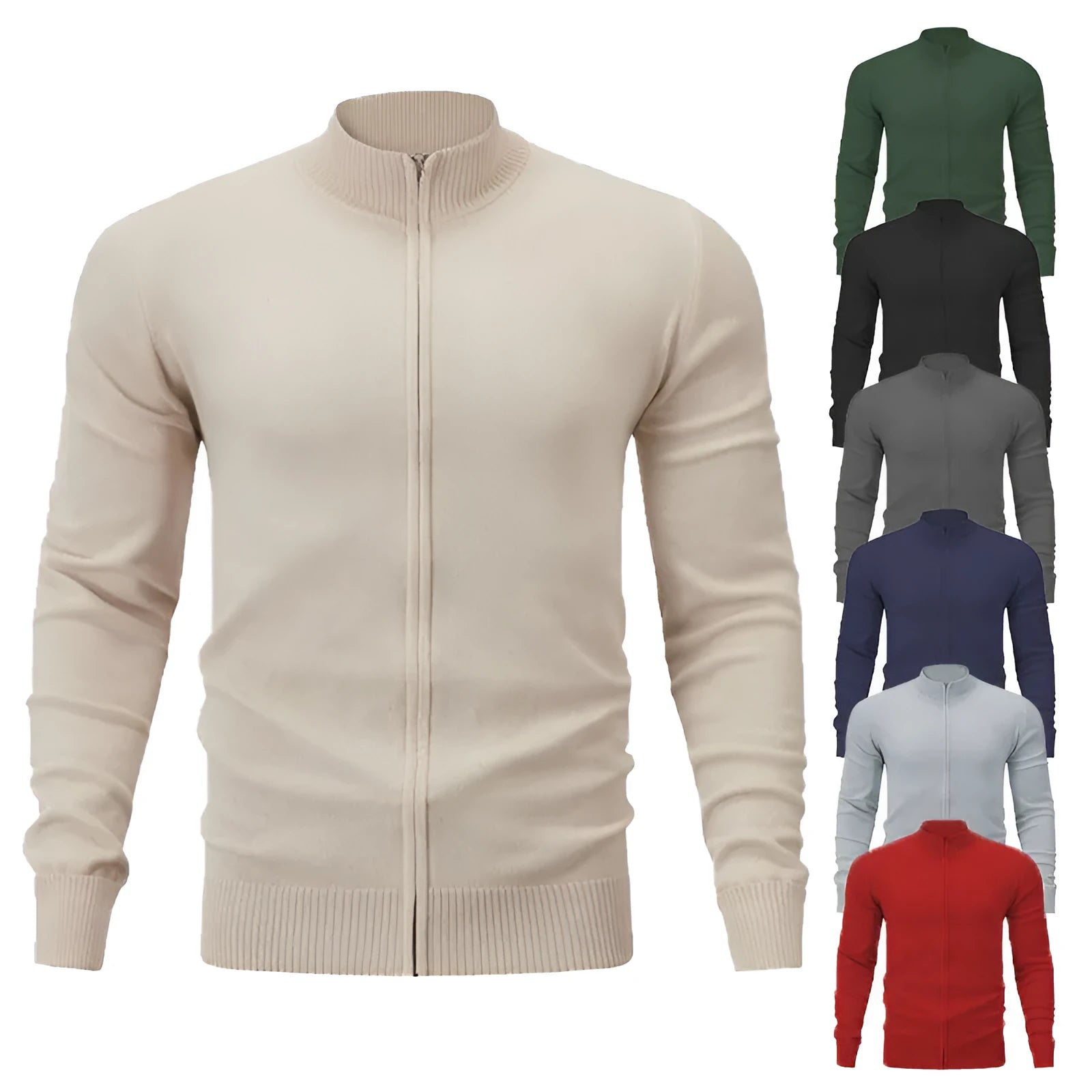 Men's stand collar casual sports sweater with front zipper in a solid colour.