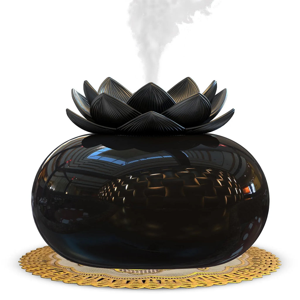 Pure black round ultrasonic humidifier with USB cable and single fog outlet for aromatherapy