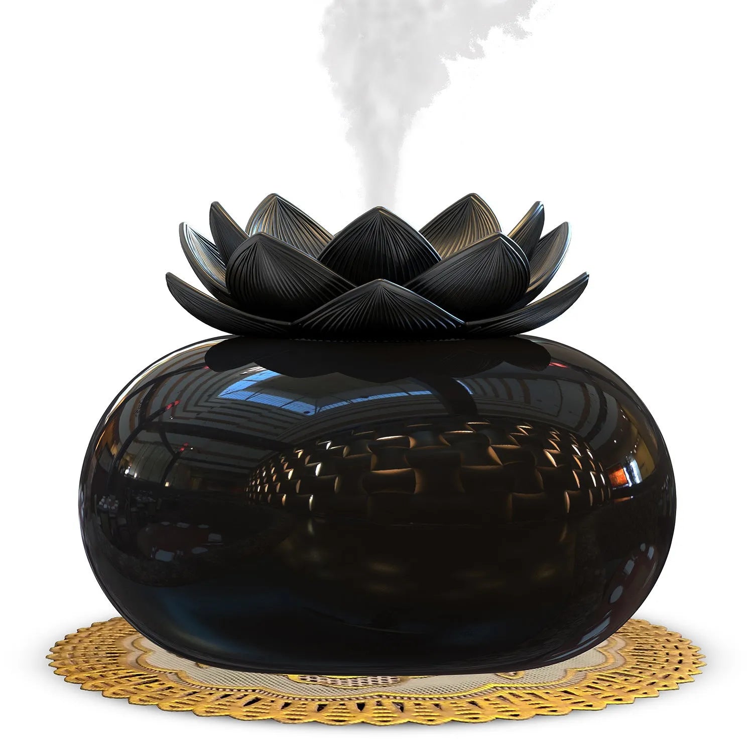 Pure black round ultrasonic humidifier with USB cable and single fog outlet for aromatherapy