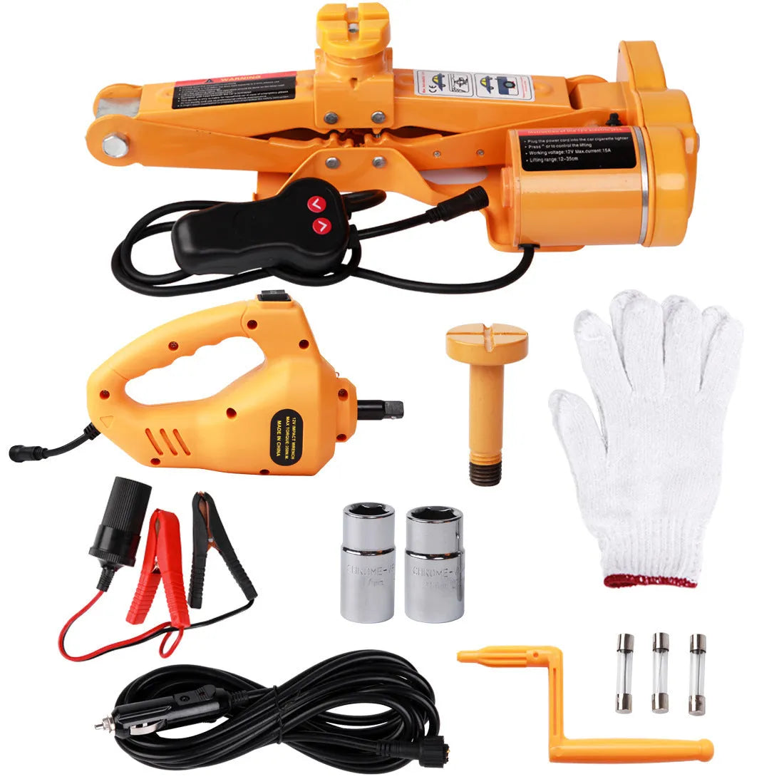 Yellow steel electric car jack and wrench set on a garage floor