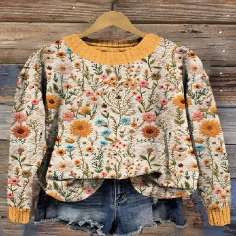 Women's little flower digital printed round neck polyester sweater in floral pattern