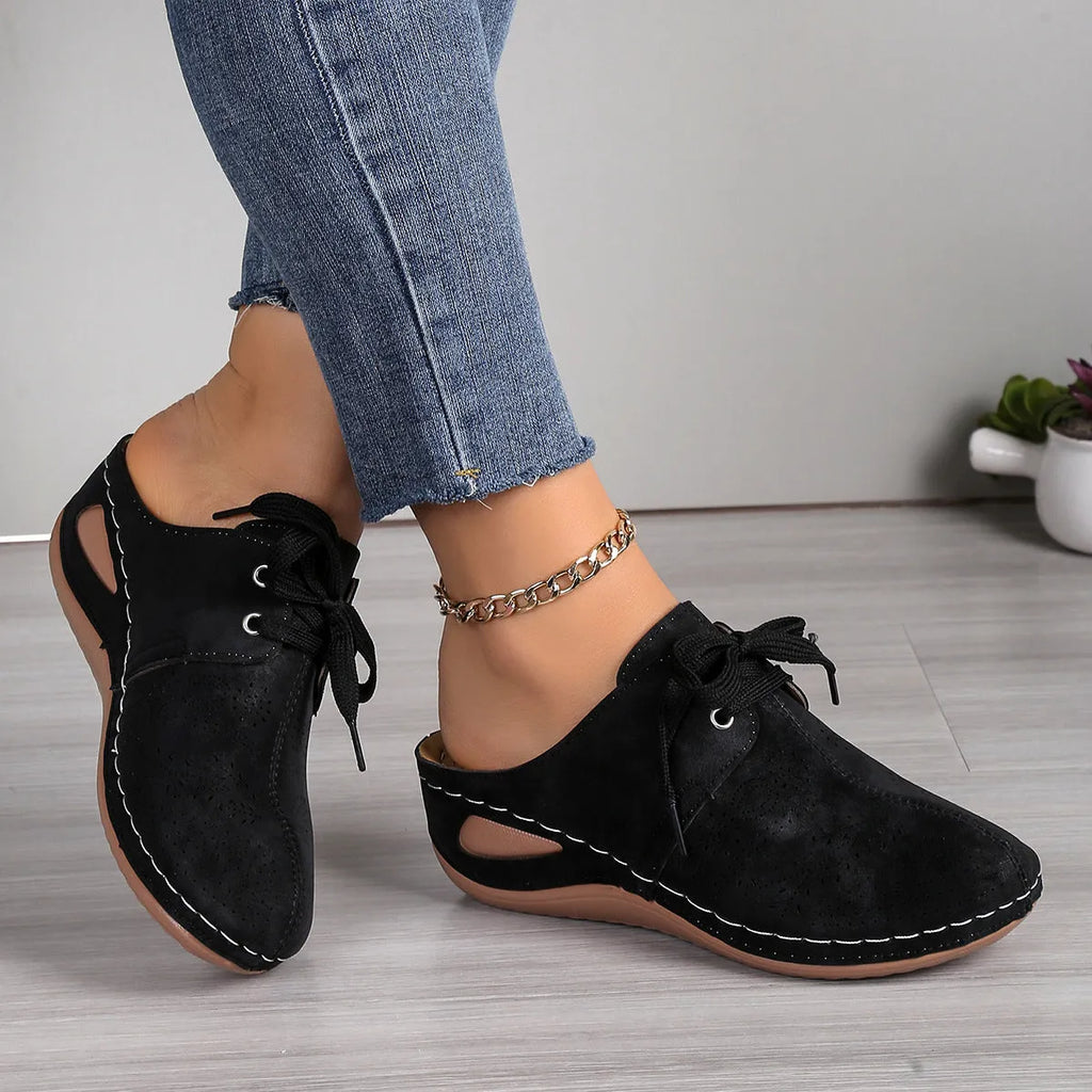 Women's lace-up wedge slippers with hollow-out design in suede upper and rubber sole
