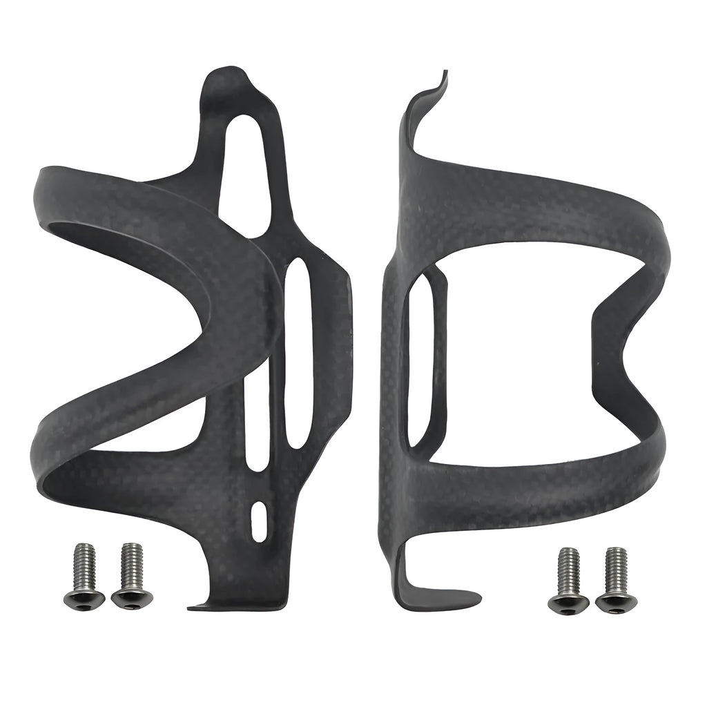 Black carbon fibre side pull bicycle water bottle cage showing mounting holes and bottle retention mechanism