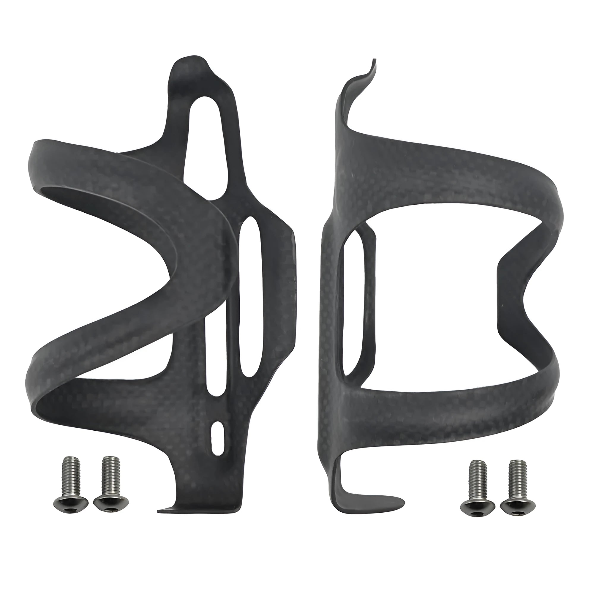 Black carbon fibre side pull bicycle water bottle cage showing mounting holes and bottle retention mechanism