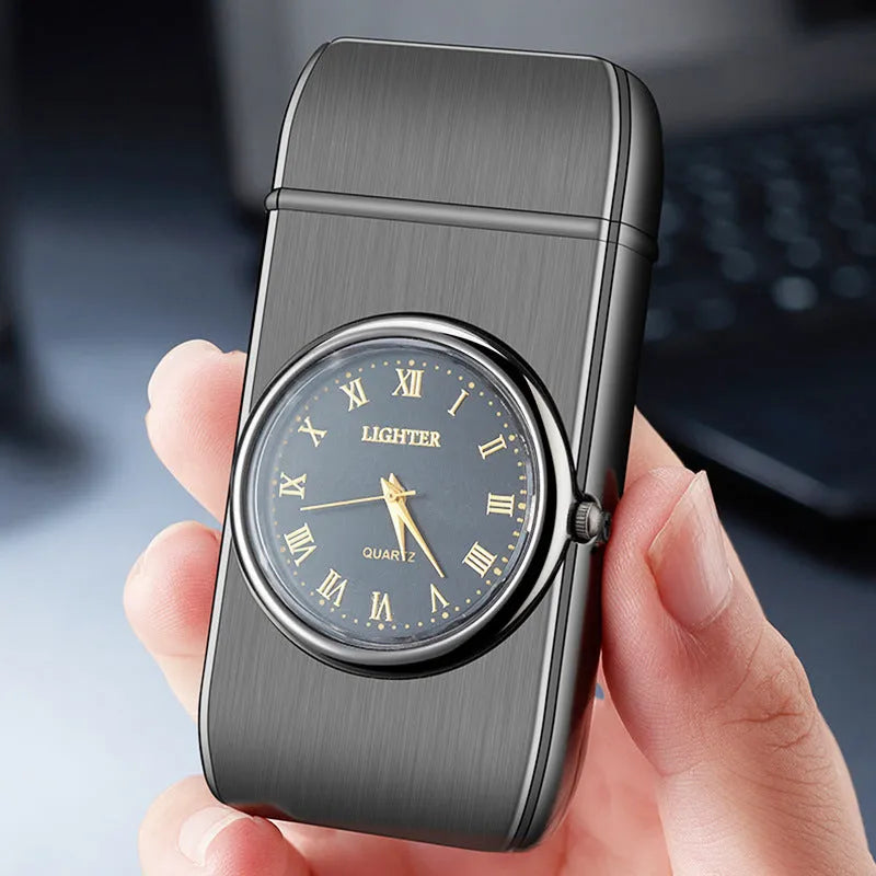 Multifunctional electronic watch gas lighter with LED lamp in multiple metal finishes