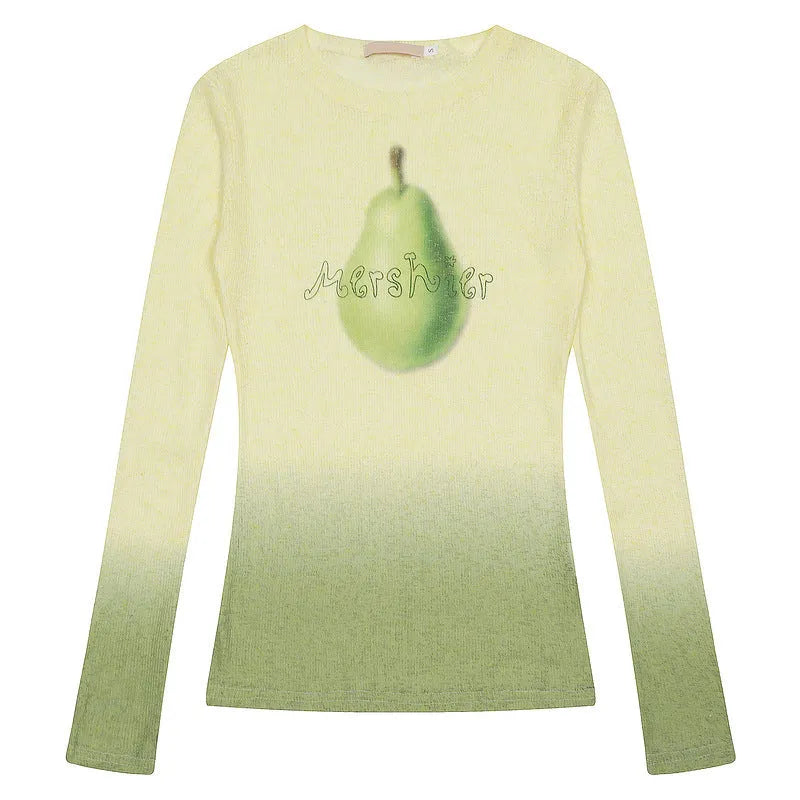 Women's long-sleeved T-shirt with gradient floral pattern in light pink or yellow green.