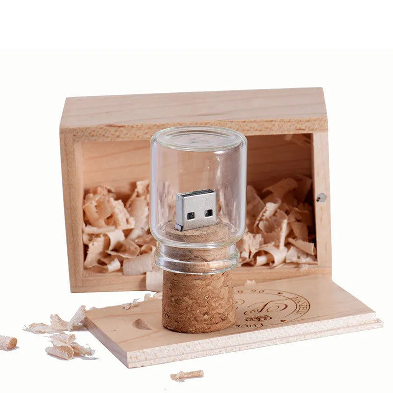 Chocolate-brown wooden drift bottle-shaped USB flash drive with custom lettering graphics on a wooden disk.