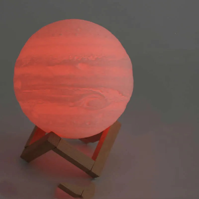 3D-printed white moon lamp on wooden stand with touch-sensitive metal ring base